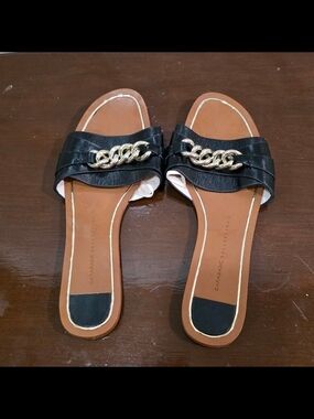 Zara black leather sandal with golden chain size 37